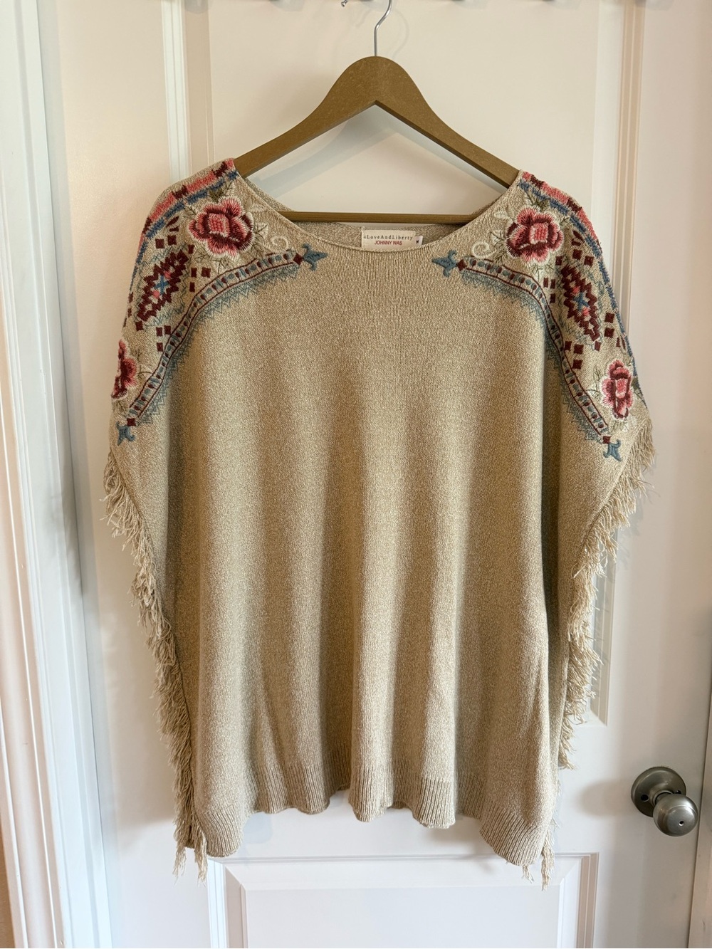 Johnny Was- 4Love And Liberty- Silk/ Cotton Embroidered Fringe Poncho Knit top - - Picture 3 of 13